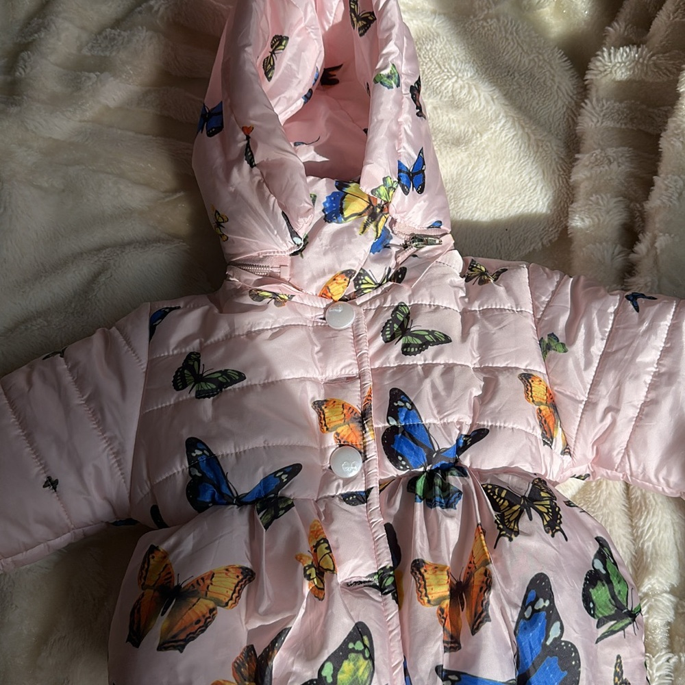 Pink Puffer Jacket with Butterfly Print